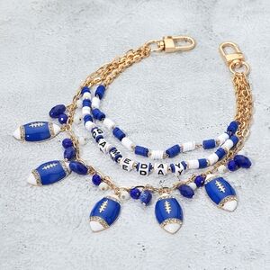 Blue White GAME DAY Football Dangle Charms Heishi Beaded Layered Purse Chain